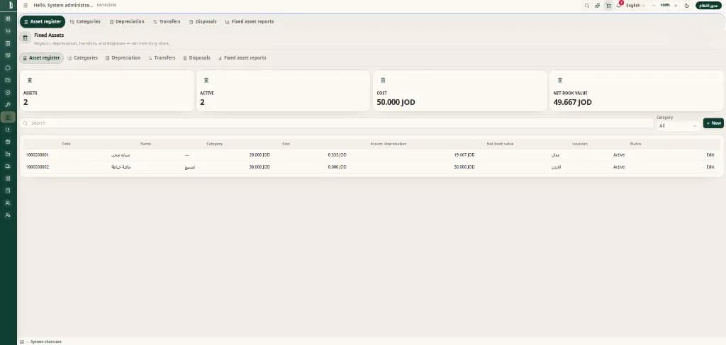 Fixed assets — register, cost and book value