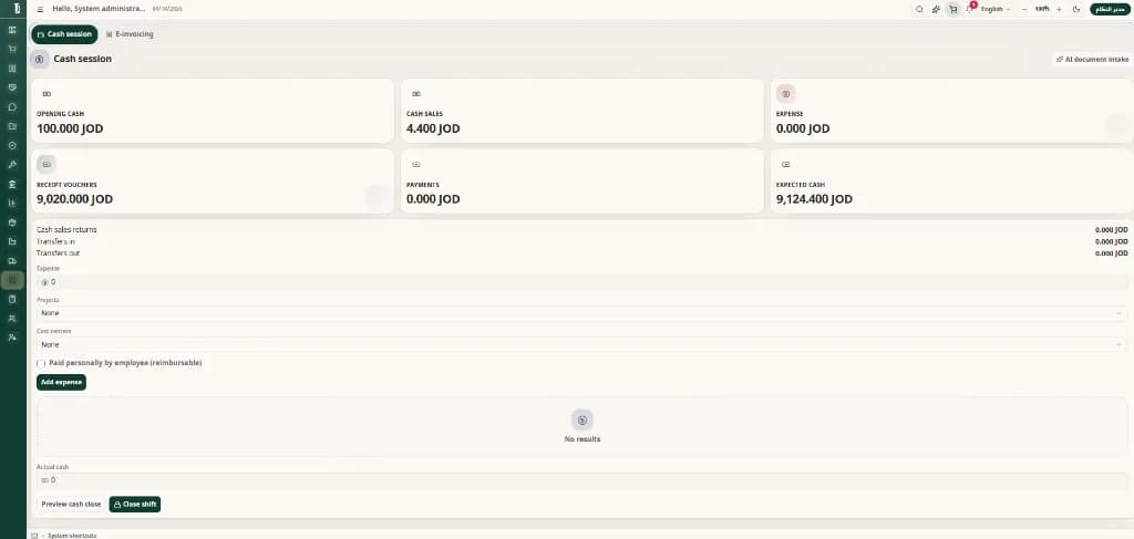 Cash session — opening balance, sales, expenses and close