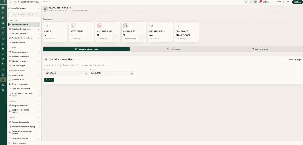 Accountant workspace — journals, trial balance and financial statements